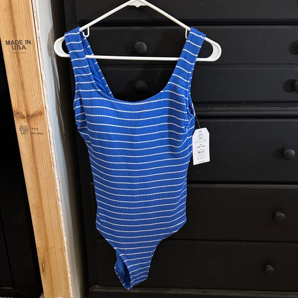 Time and Tru Blue Striped One Piece Swimsuit